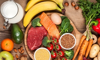 Spread of healthy food on wood table